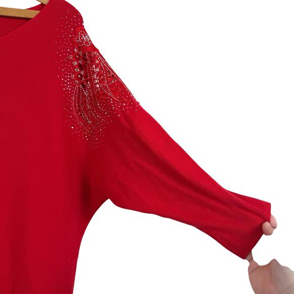 Liv Milano Women Embellished Red Sweater Size Large Rhinestones Glam Party Event - Picture 2 of 5